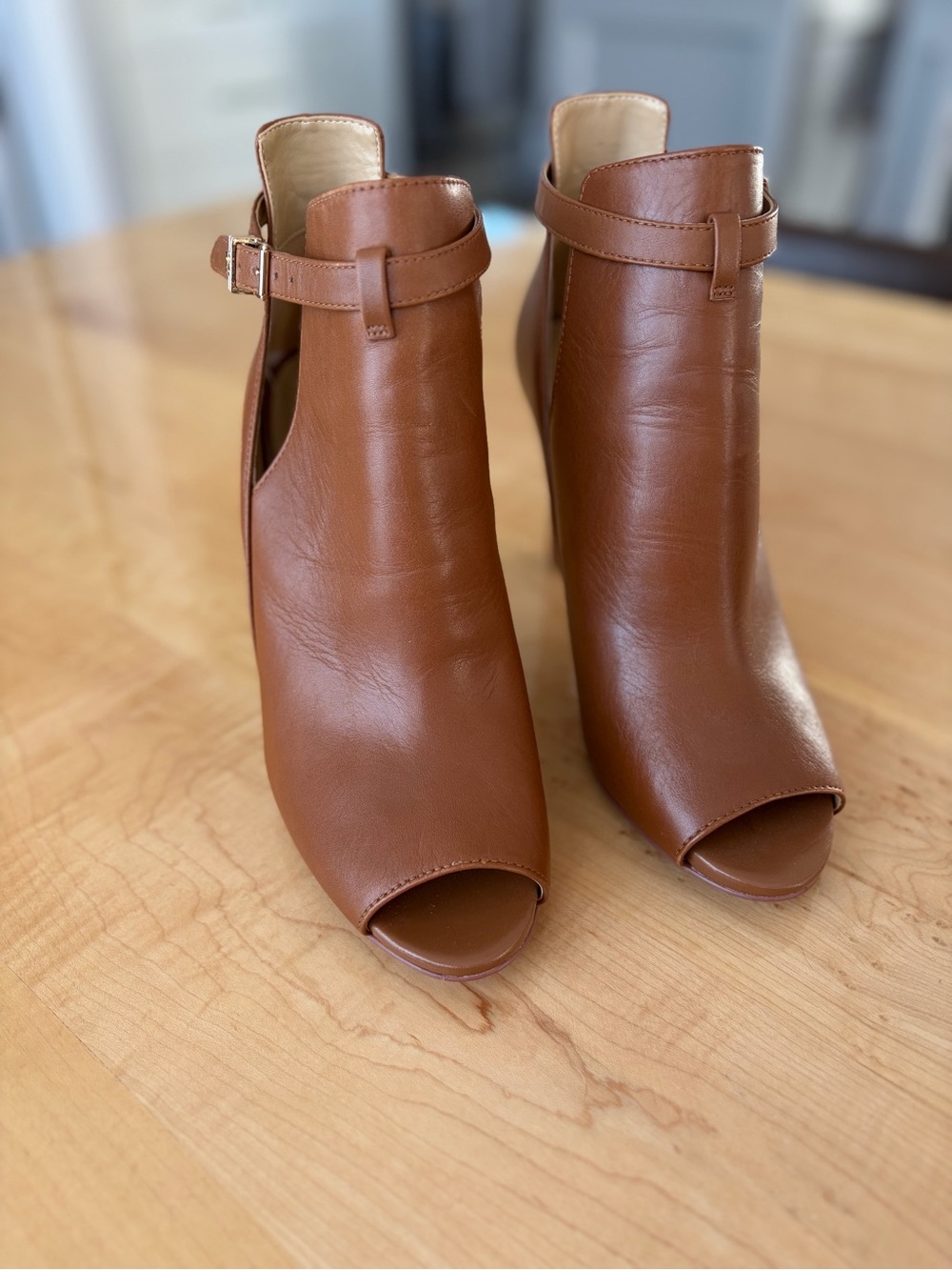 Michael Kors Brown Leather Peep Toe Ankle Booties Heels Size 8.5